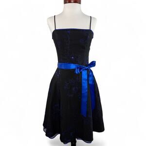 Vintage Y2K Blue Black Cocktail Dress Size Medium - Bow Sequin Prom Homecoming